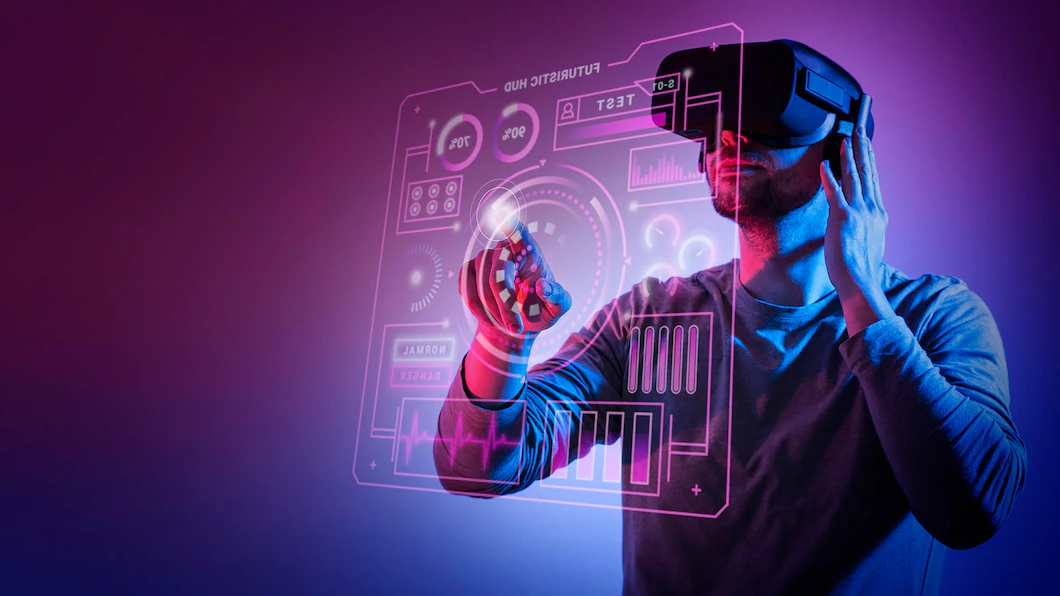 Person wearing a VR headset in a futuristic interface