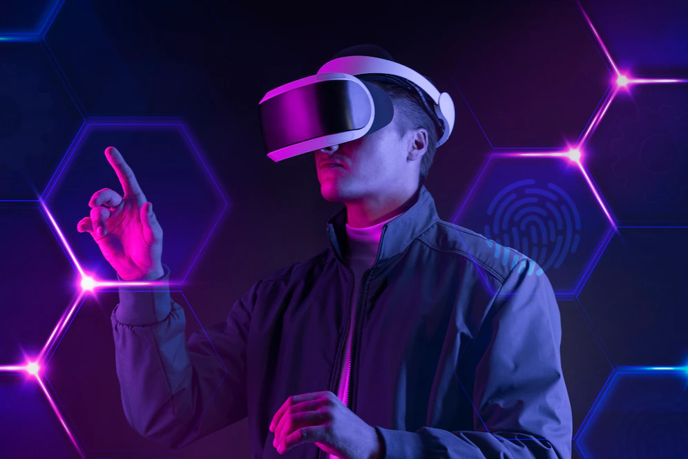 Person pointing in a VR headset