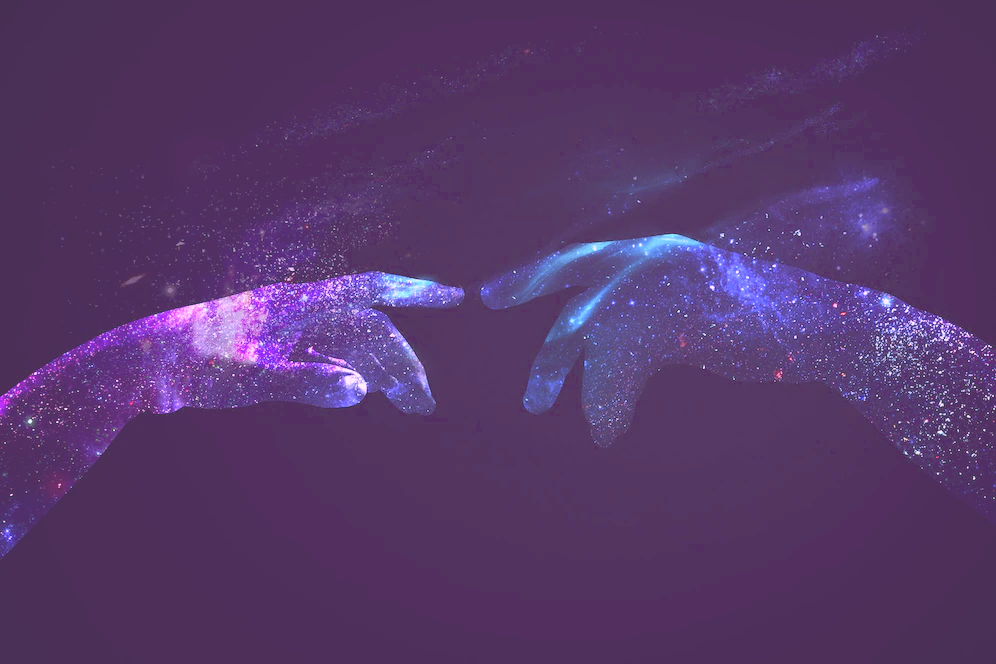 Glowing hands interacting in virtual reality